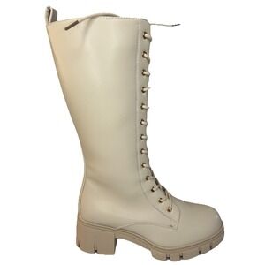 Knee‎ High Suede Combat Boots Side Zip 2.5" Rubber Lug Sole Size 9 Beige New